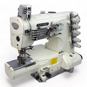 KANSAI SPECIAL NR-9803GA 1/4 3 Needle Cylinderbed Coverstitch Industrial Sewing Machine Assembled with Servo Motor, Fully Submerged Table Setup Included