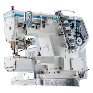 JACK K7-UT-01GBX364 (AI Smart Interlock) Cylinder Bed Intelligent Fabric Adaptation High-Speed Direct Drive 3 Needle Coverstitch with Automatic Thread Trimmer, Presser Foot Lift Complete Assembled with Table and Stand Included