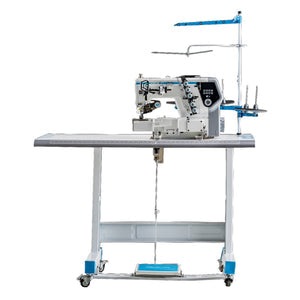 JACK K7-UT-01GBX364 (AI Smart Interlock) Cylinder Bed Intelligent Fabric Adaptation High-Speed Direct Drive 3 Needle Coverstitch with Automatic Thread Trimmer, Presser Foot Lift Complete Assembled with Table and Stand Included