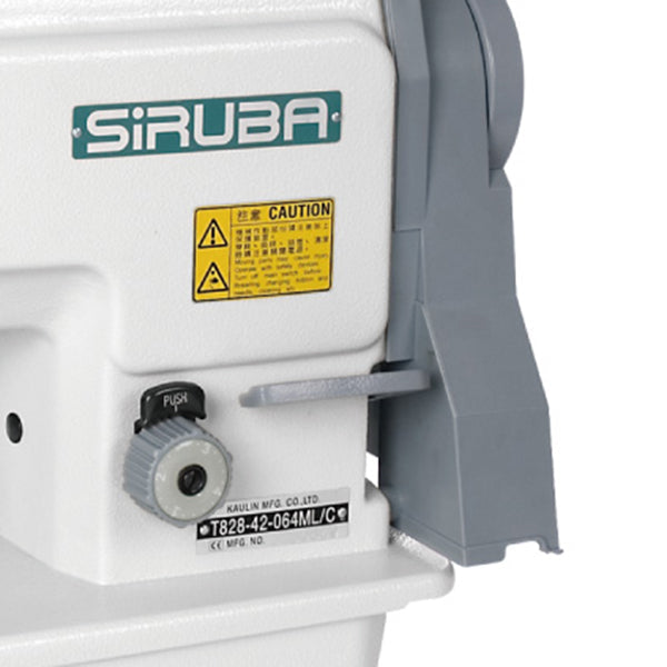SIRUBA T828-42-064L Twin needle lockstitch sewing machine, needle feed, small bobbin, complete assembled with table and stand included