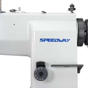 SPEEDWAY SW 82440-2 Post Bed Double Needle Walking Foot 3/8" (10mm) Heavy Duty Unison Feed Walking Foot Sewing Machine Assembled with Servo Motor, Table and Stand Included