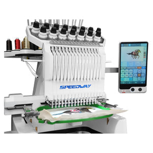 SPEEDWAY® BF-1500 15 Needle Computerized Embroidery Machine 360×200mm (14.2 × 7.9inch) Multi-Color High Speed Automatic Thread Trimming and Color Change Touchscreen USB Input Complete Assembled with Table and Stand Included