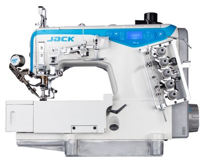 JACK W4S UT 01GB 3 Needle Flatbed Coverstitch with Thread Trimmer, Foot Lifter Industrial Sewing Machine Assembled with Table and Stand Included