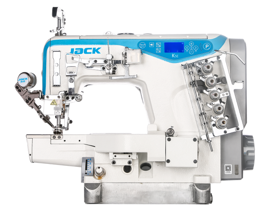 JACK K5E-UT-01GB×364 3 Agulhas Cilindro Braço Coverstitch Com Cortador de Linha e Levantador Automático de Pé Máquina de Costura Industrial Montada com Mesa e Suporte Incluídos