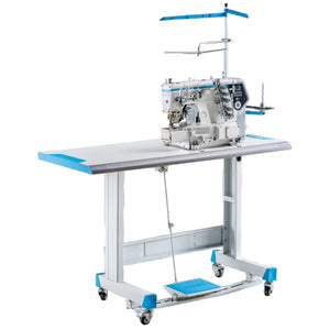 JACK K7-UT-01GBX364 (AI Smart Interlock) Cylinder Bed Intelligent Fabric Adaptation High-Speed Direct Drive 3 Needle Coverstitch with Automatic Thread Trimmer, Presser Foot Lift Complete Assembled with Table and Stand Included