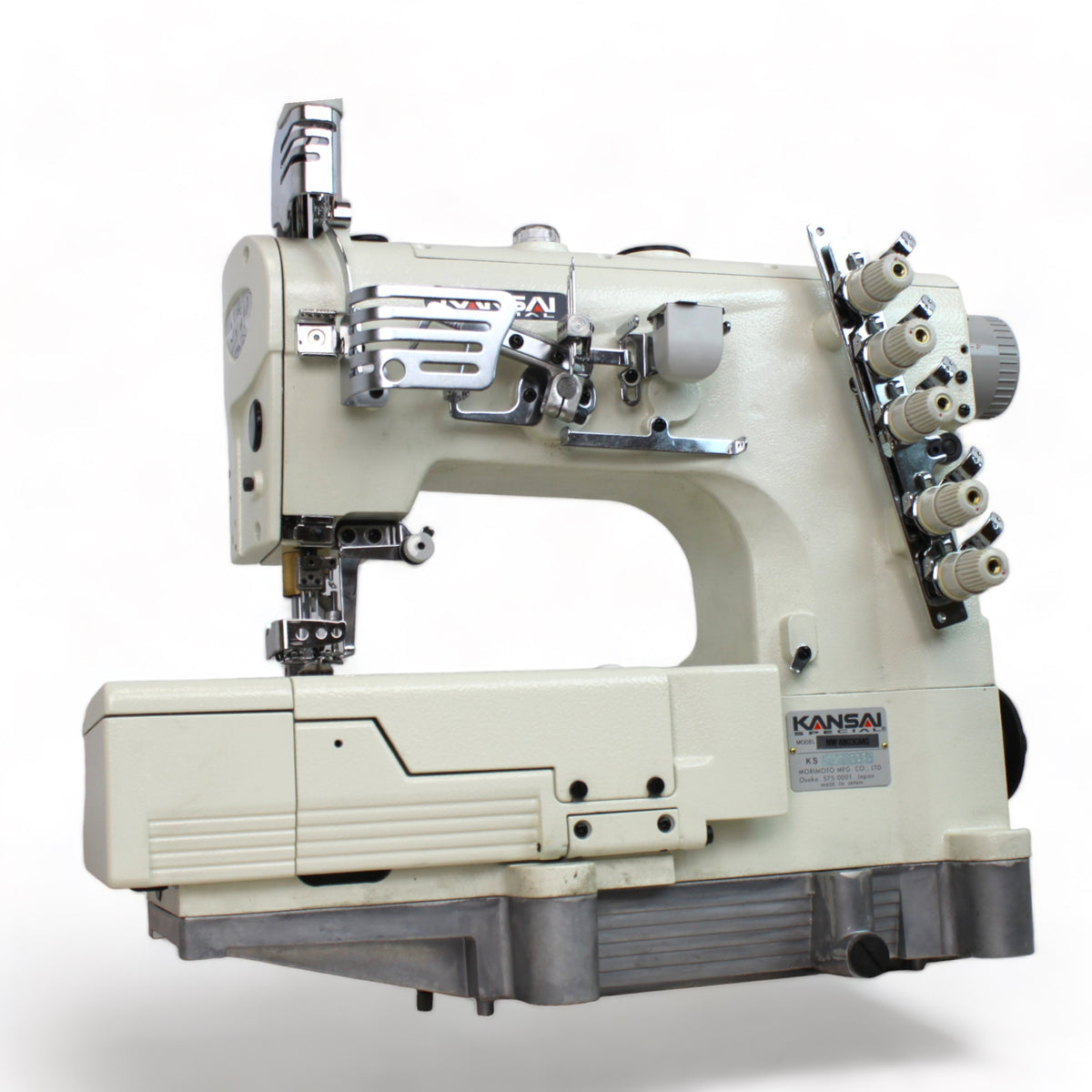 KANSAI SPECIAL NW-8803GMG 1/4 3 Needle Flatbed Coverstitch Industrial Sewing Machine Assembled with Servo Motor, Fully Submerged Table Setup Included